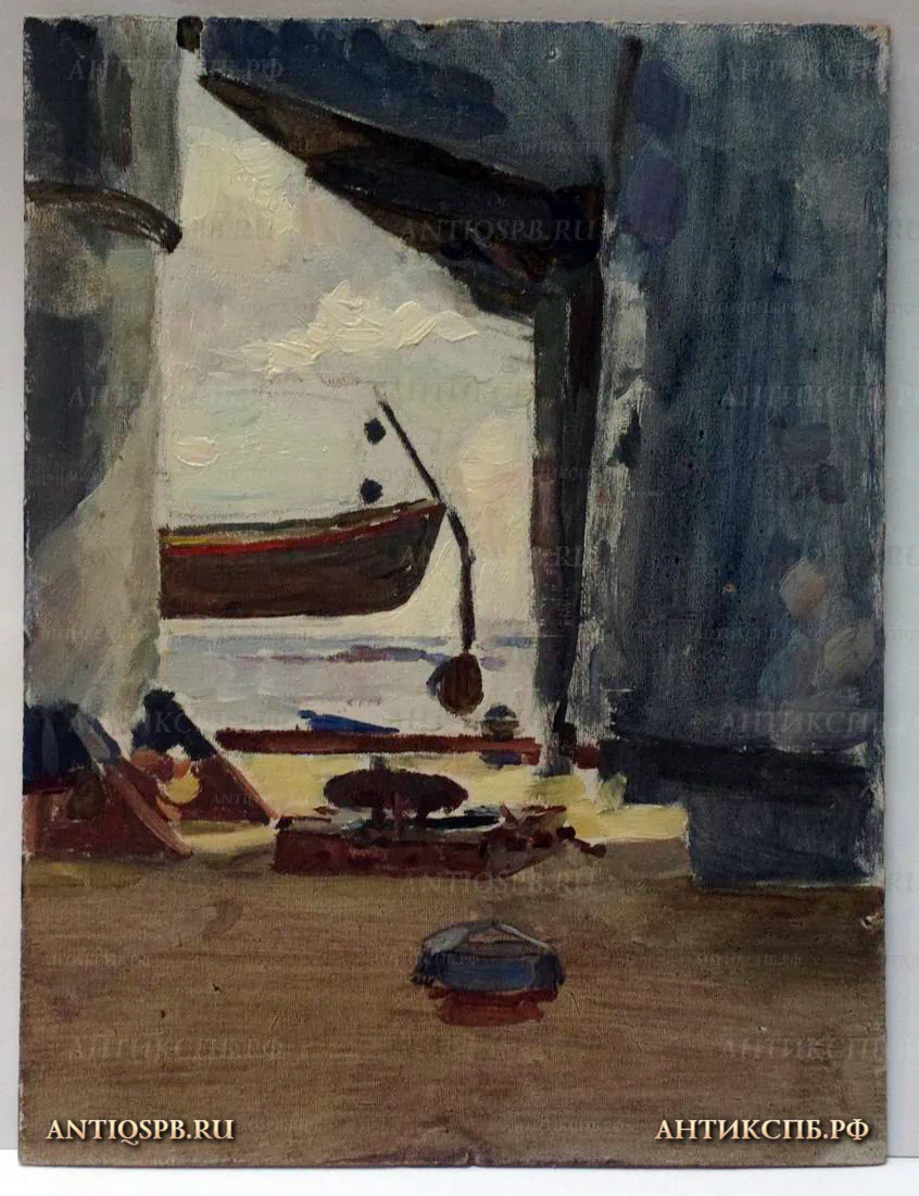 157. Картина "У орудийной башни". Картон, масло. А. Бантиков. СССР. Сер. XX века